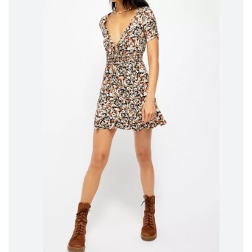 Free People Forget‎ Me Not Floral Mini Dress In Charcoal Combo Size S
